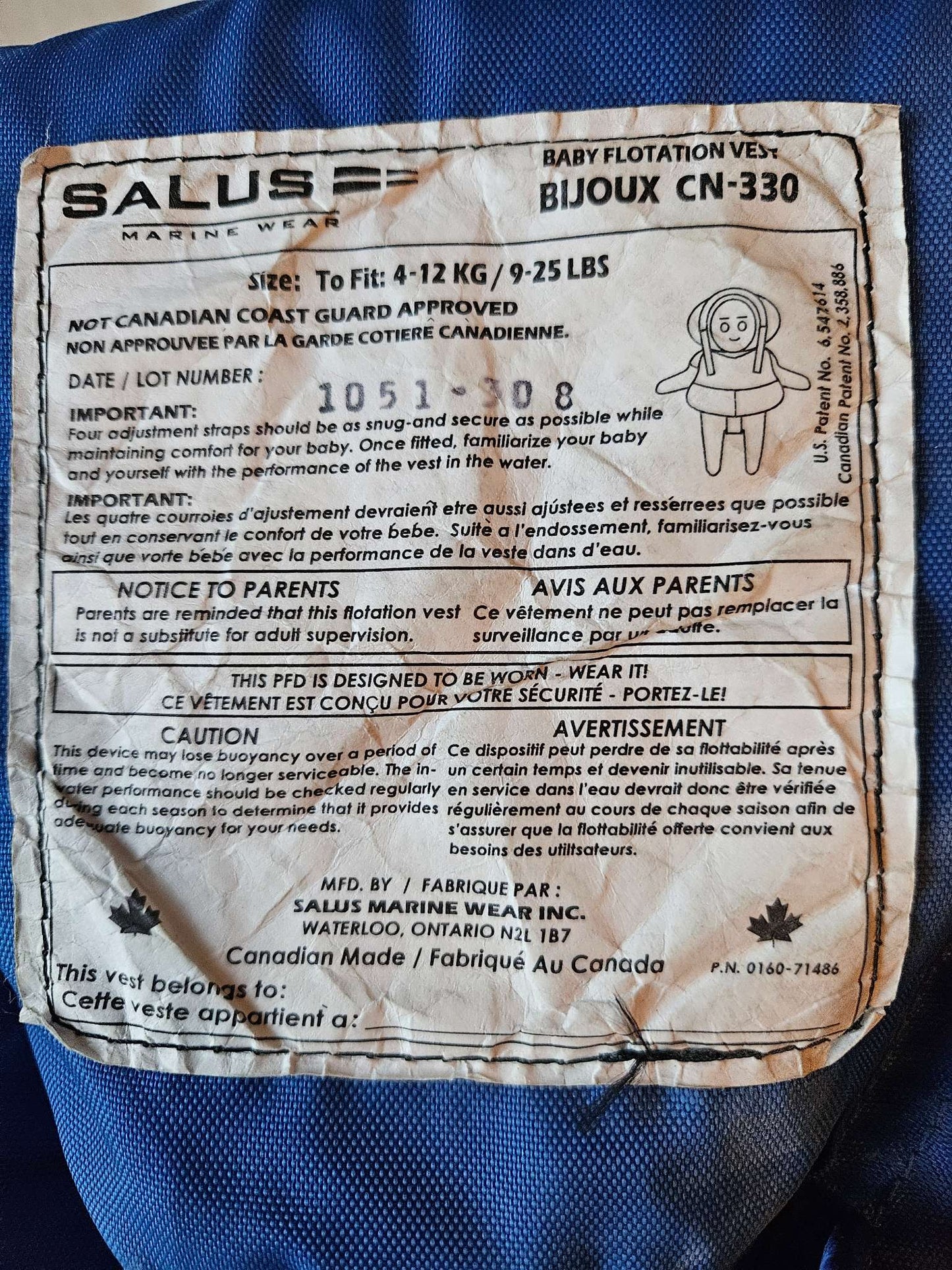 Salus 9-25lbs flotation vest (NOT Canadian coast guard approved) MSRP $88.95