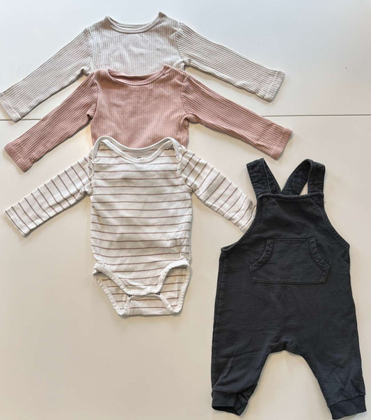 4-Piece Bundle w 3 Long Sleeve Onesies & 1 Pair of Sweatpant Overalls, Kids 9 Month (6-9M)