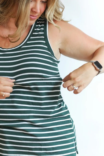 NWT Movemama Green Stripe Zip Nursing Tank Top, Retails $63.00, Maternity S (4-6)