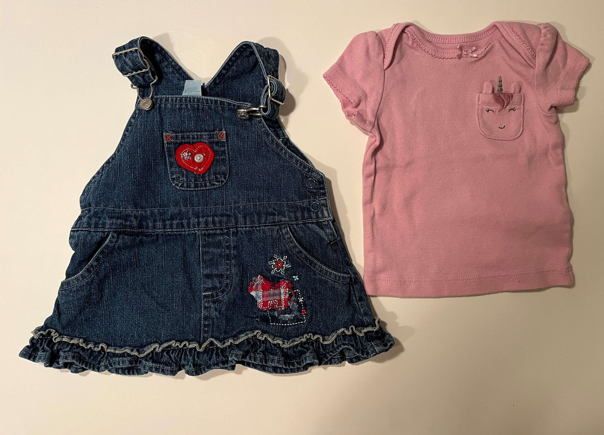 George 3-month girls' overall jean dress paired with a Carter's 0-3 month unicorn shirt., Kids 3 Month (0-3M)