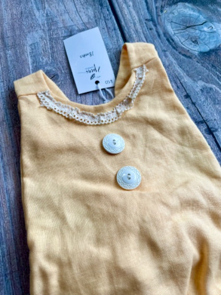 Small shop handcrafted 18m baby girl tie-back linen romper, butterscotch yellow, new with tags, Kids 18 Month (12-18M)