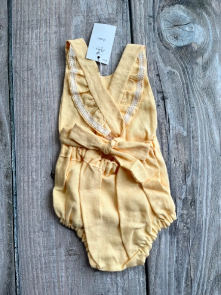 Small shop handcrafted 18m baby girl tie-back linen romper, butterscotch yellow, new with tags, Kids 18 Month (12-18M)