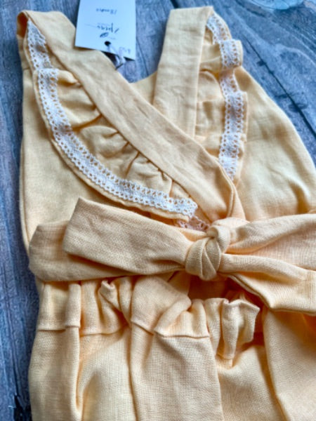 Small shop handcrafted 18m baby girl tie-back linen romper, butterscotch yellow, new with tags, Kids 18 Month (12-18M)