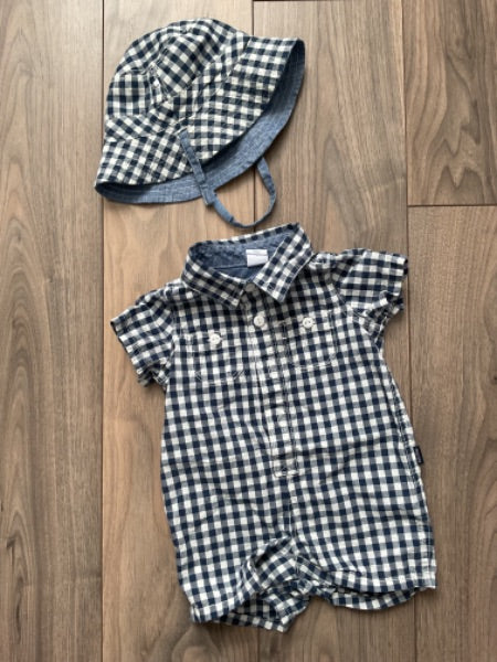 Blue and White Checker Summer Romper with Sun Hat 0-3 Months, Kids 3 Month (0-3M)