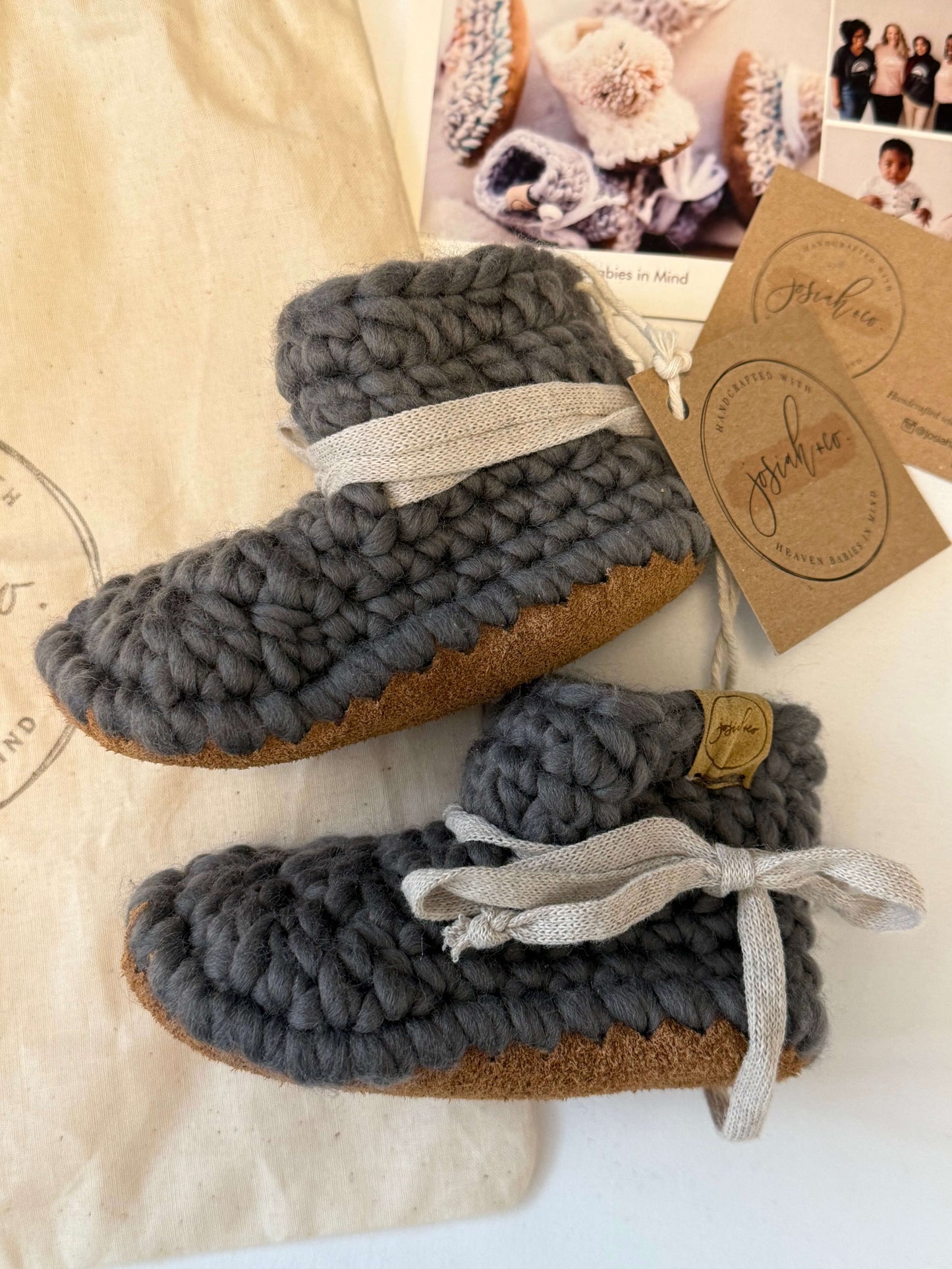 NEW handmade Josiah & Co baby booties; MSRP $60, Shoes 4 (Baby: 0-12 mth)