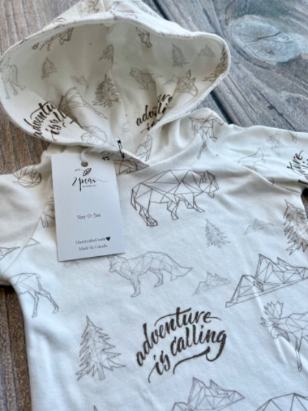 Small shop handcrafted 0-3m baby hoodie top, adventure is calling, new with tags, Kids 3 Month (0-3M)