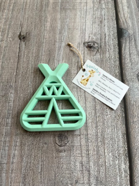 Squishy’s Teething Accessories small shop handmade teepee baby teething toy, mint green, new