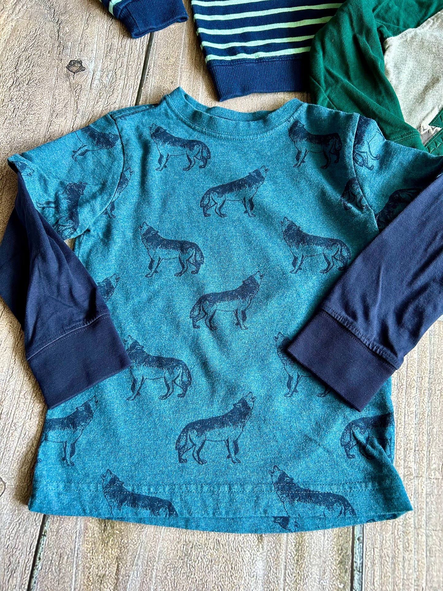 Gymboree Carter’s size 4T boys long sleeve tops bundle, wolves, train, and stripes themed, Kids 4/4T