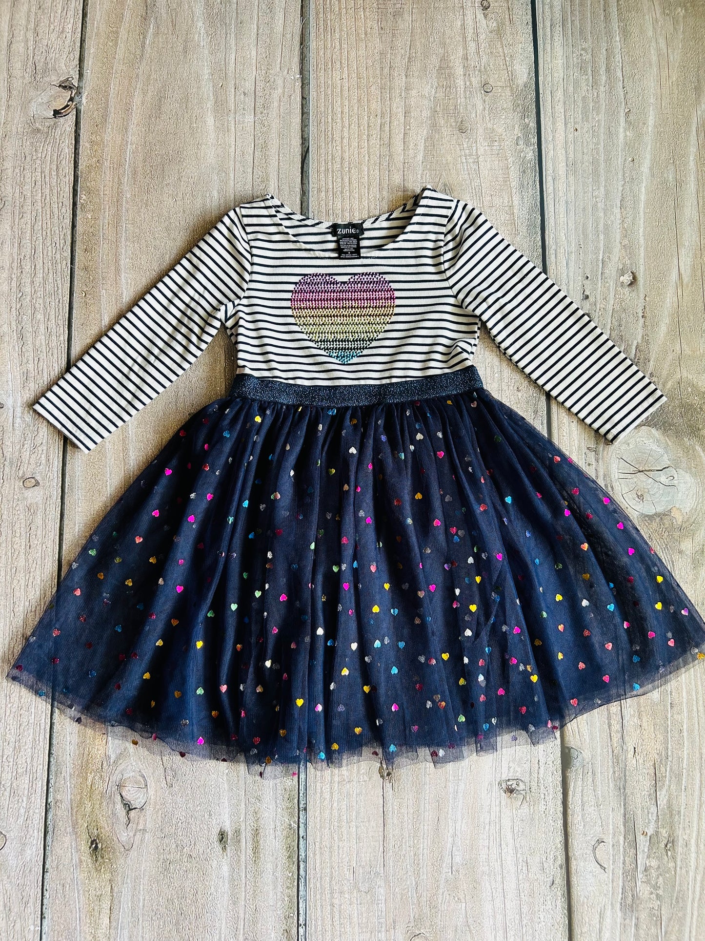 Zunie size 6 girls dark navy blue tulle skirt dress with rainbow foil hearts, Kids 6/6X (extra small)