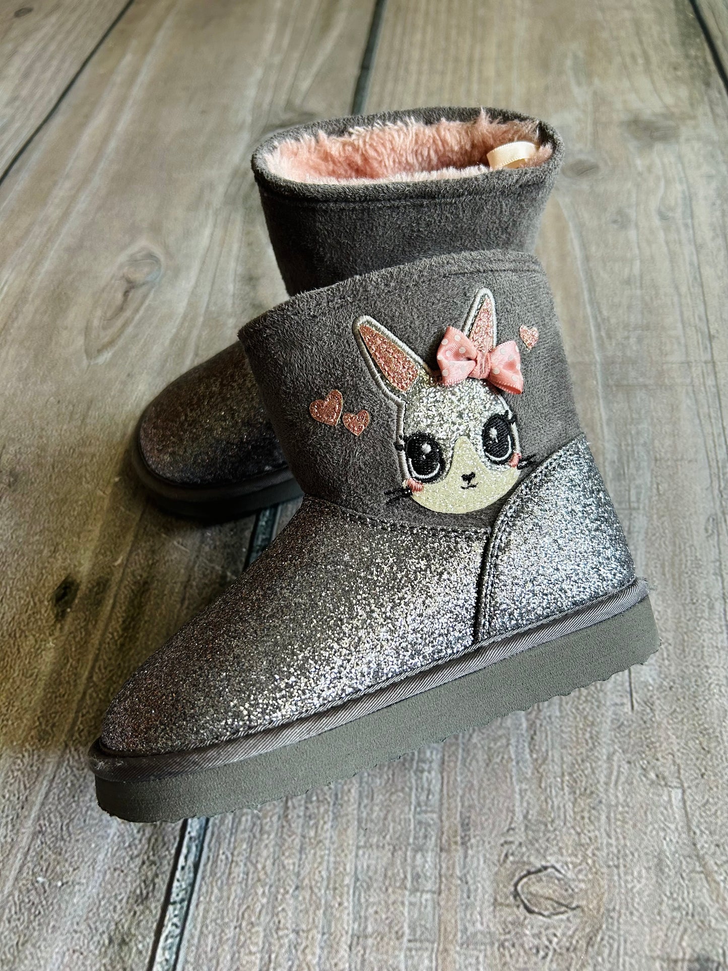 H&M size 9-9.5T girls grey pink sparkly faux fur bunny boots, EEUC, Shoes 9.5 (Toddler:2-4yr)