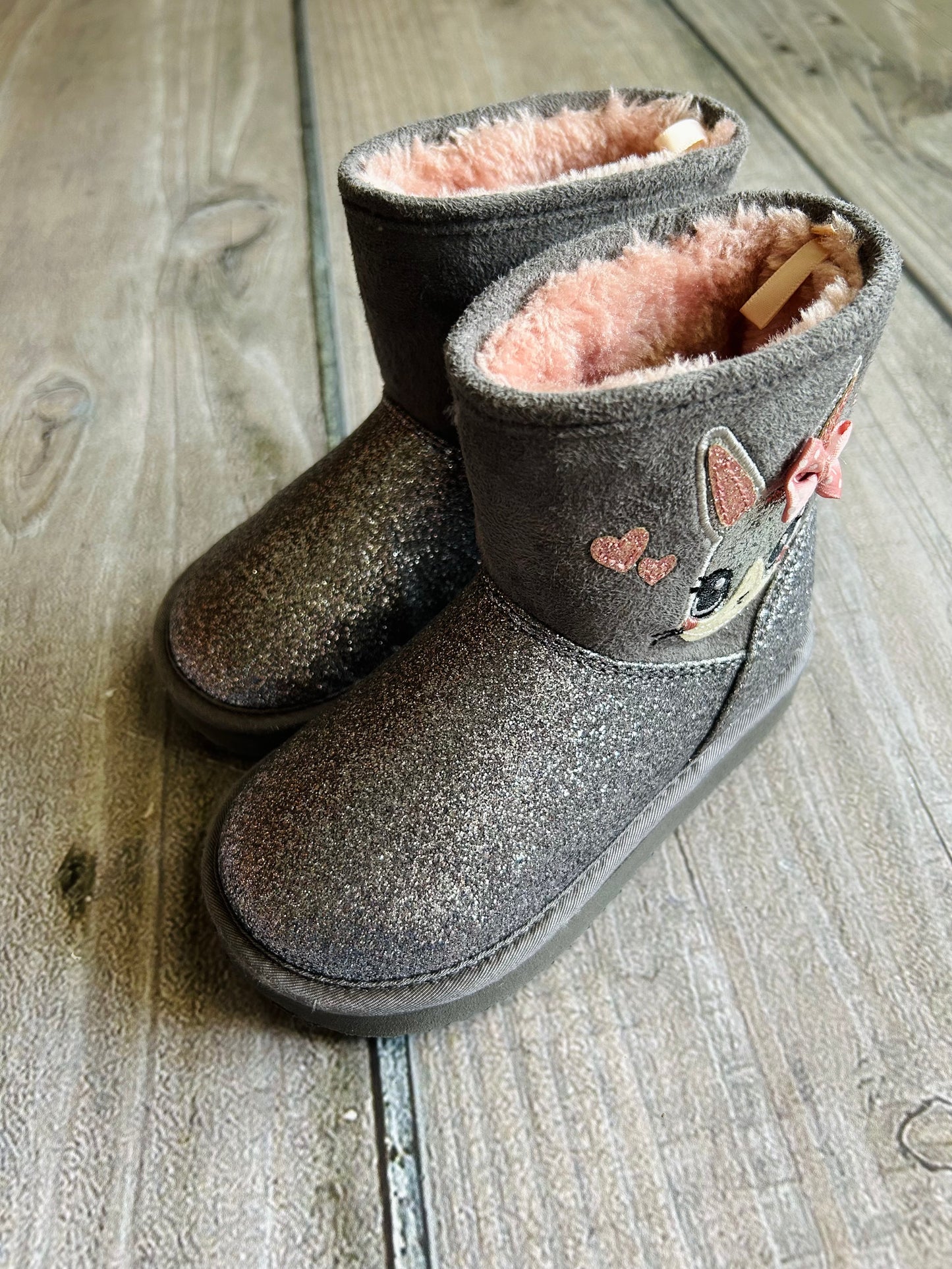 H&M size 9-9.5T girls grey pink sparkly faux fur bunny boots, EEUC, Shoes 9.5 (Toddler:2-4yr)