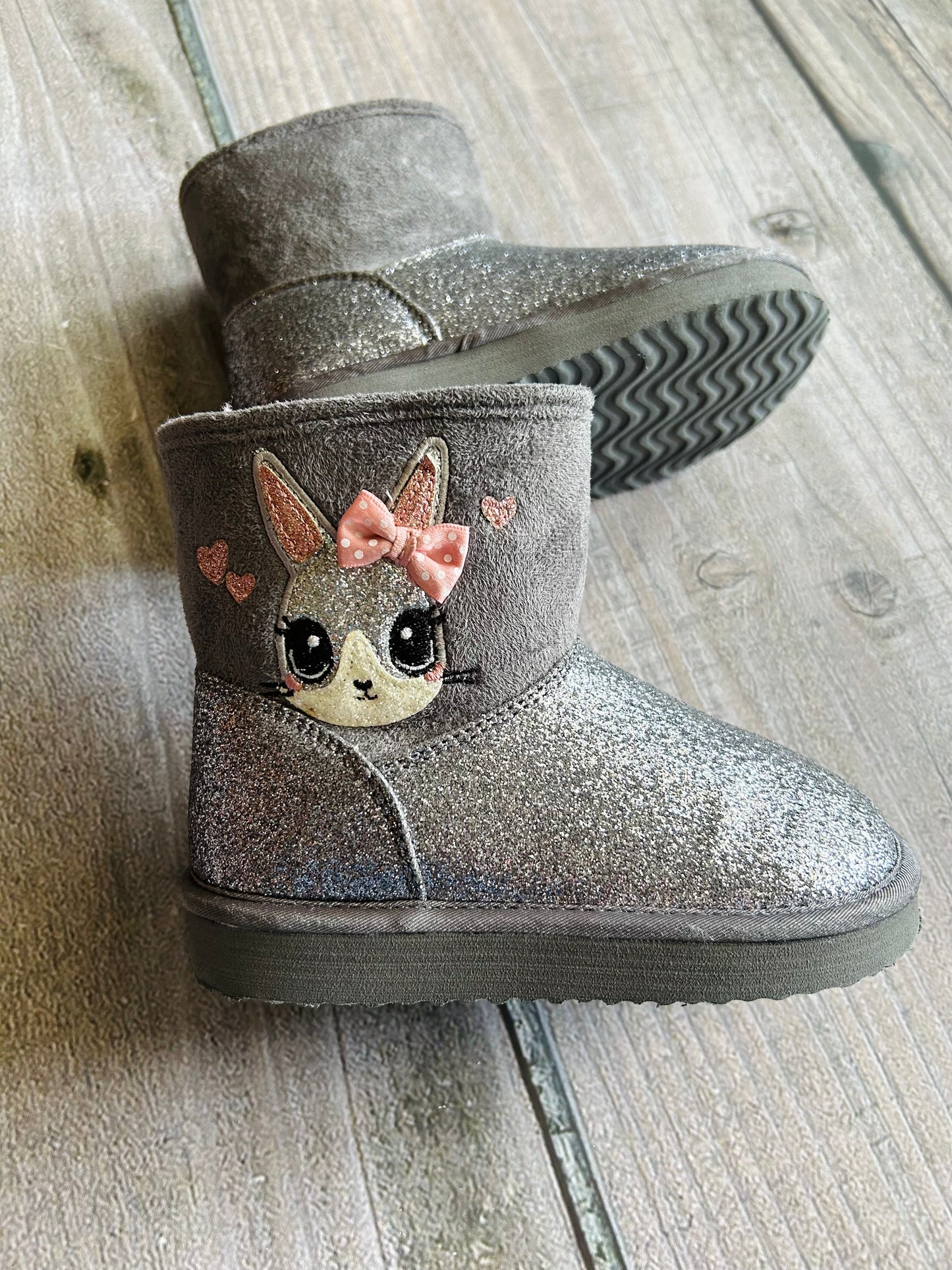 H&M size 9-9.5T girls grey pink sparkly faux fur bunny boots, EEUC, Shoes 9.5 (Toddler:2-4yr)