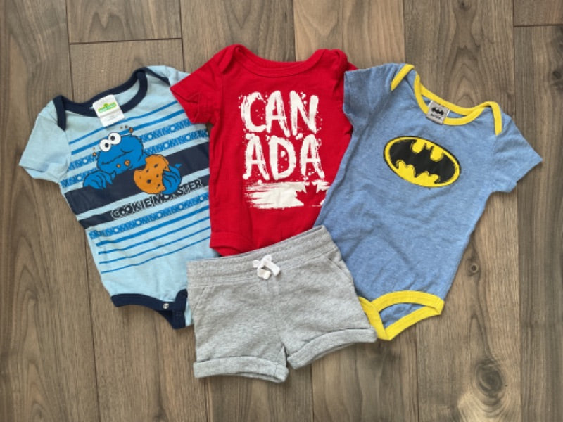 Batman, Cookie Monster, Canada Onesie Grey Shorts 3-6 Months, Kids 6 Month (3-6M)