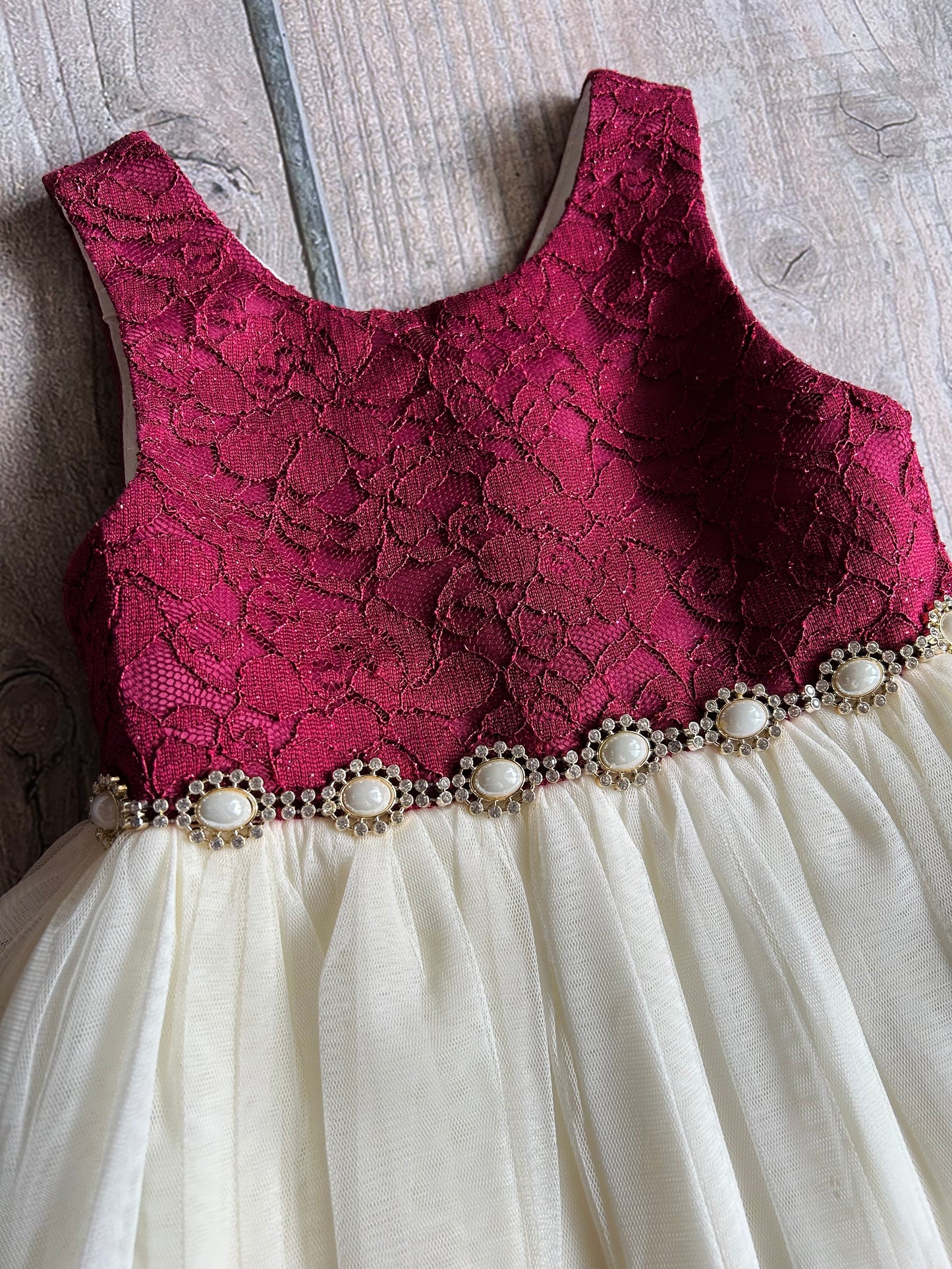 Cinderella size 5 girls dark red and cream fancy tulle dress with crochet bodice, like new, Kids 5/5T (extra small)