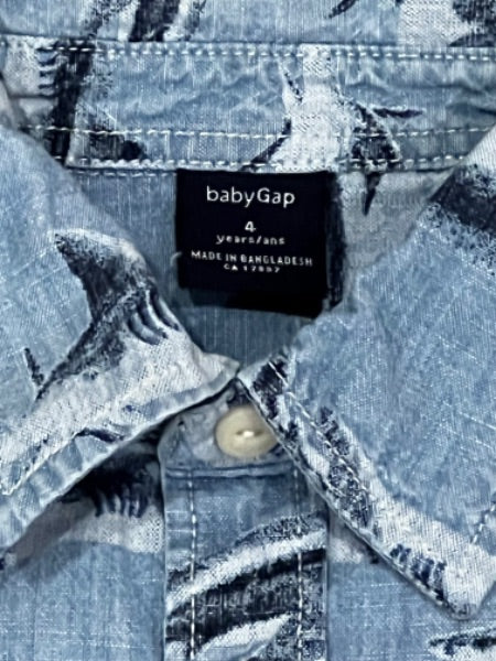 VGUC, babyGAP, chambray denim shark pattern shirt, size 4, Kids 4/4T