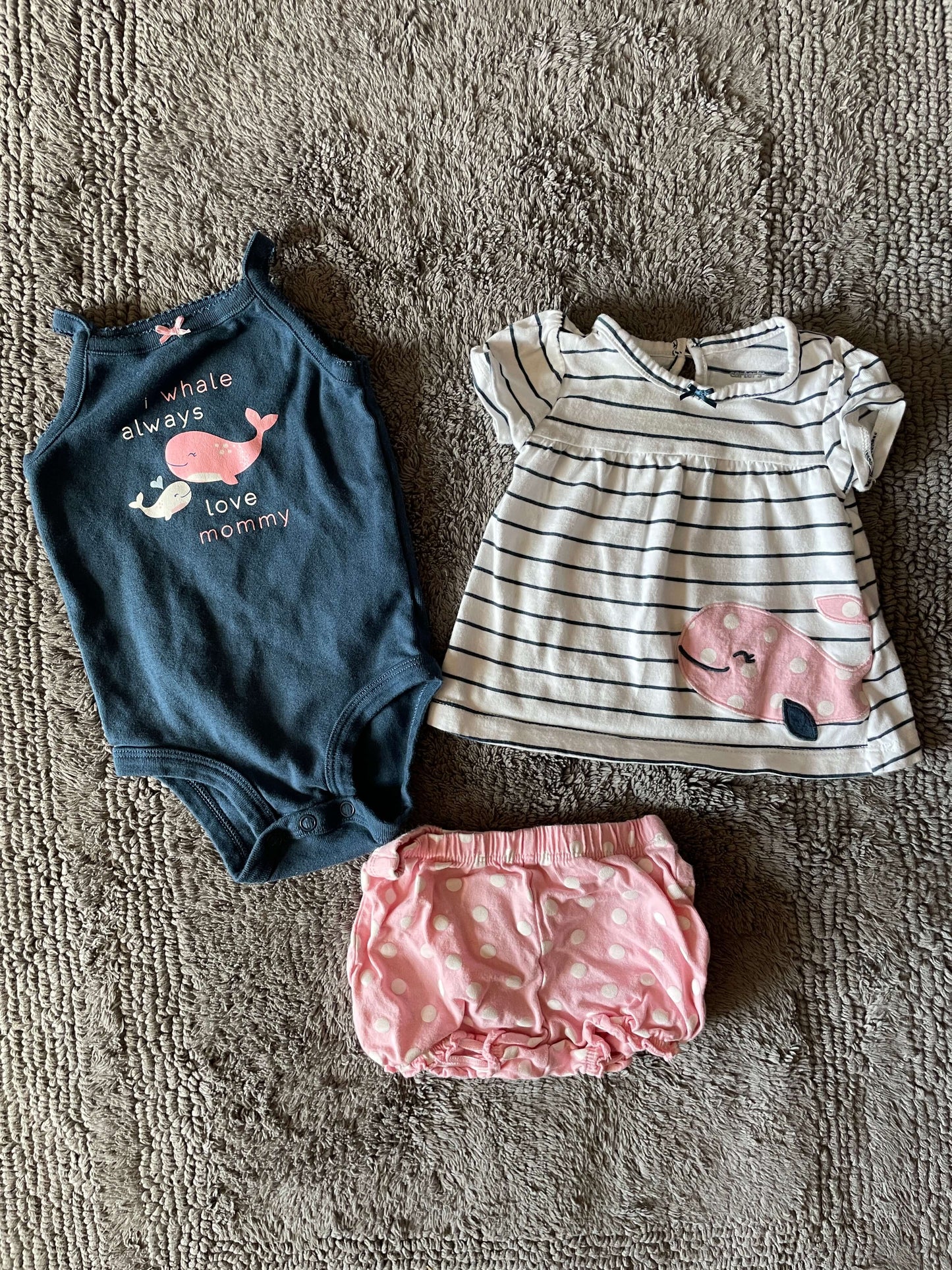 Carter's 6M 3 piece set- whale- onesie, shirt, shorts, Kids 6 Month (3-6M)
