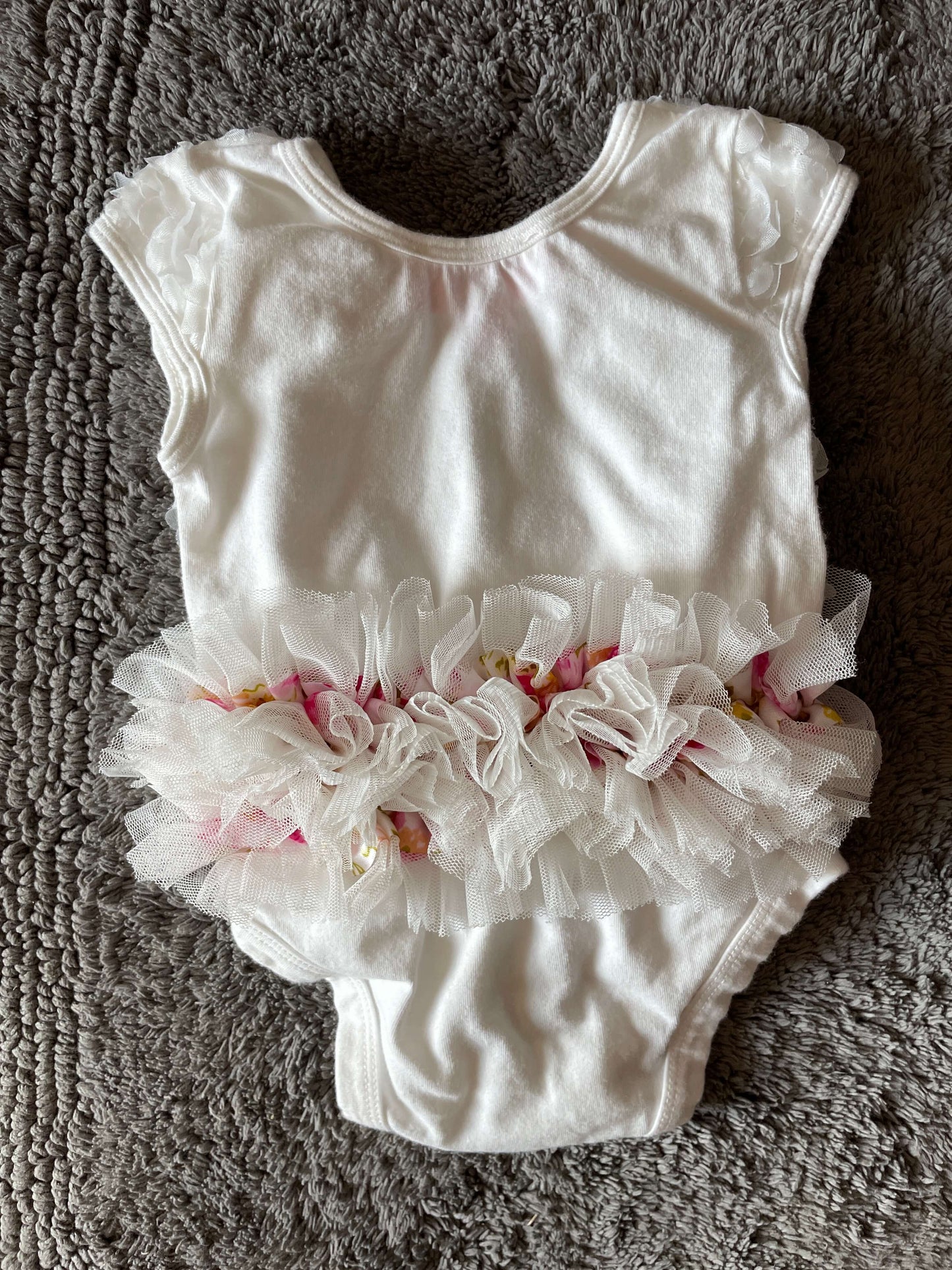 Popatu 12M onesie with flowers and tutu, white and pink, Kids 12 Month (9-12M)