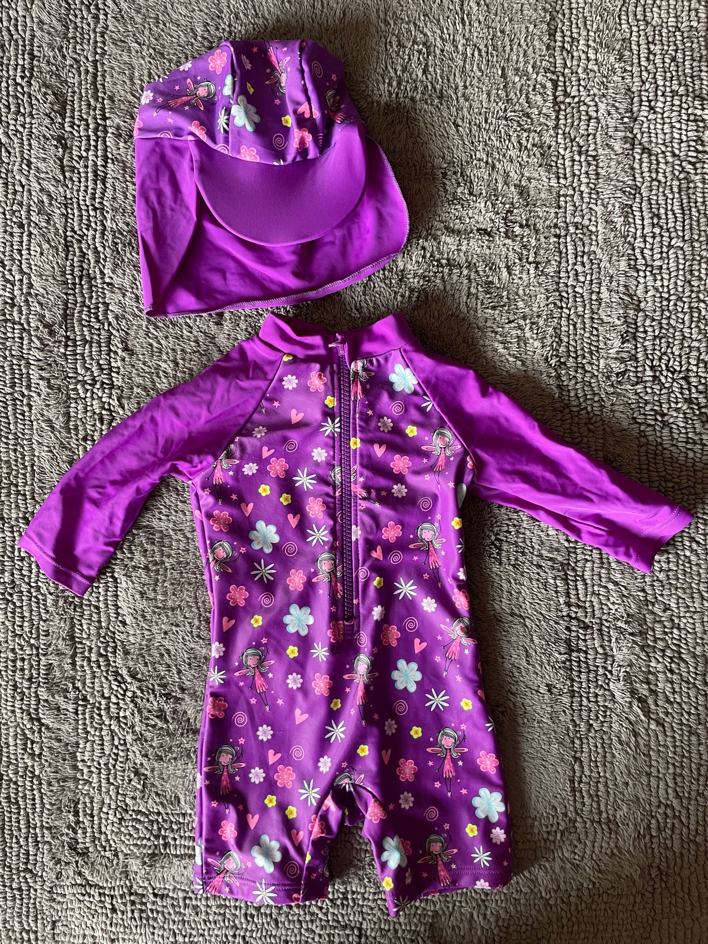 Up And Fast 6-9M swimsuit and hat- purple fairies , Kids 9 Month (6-9M)