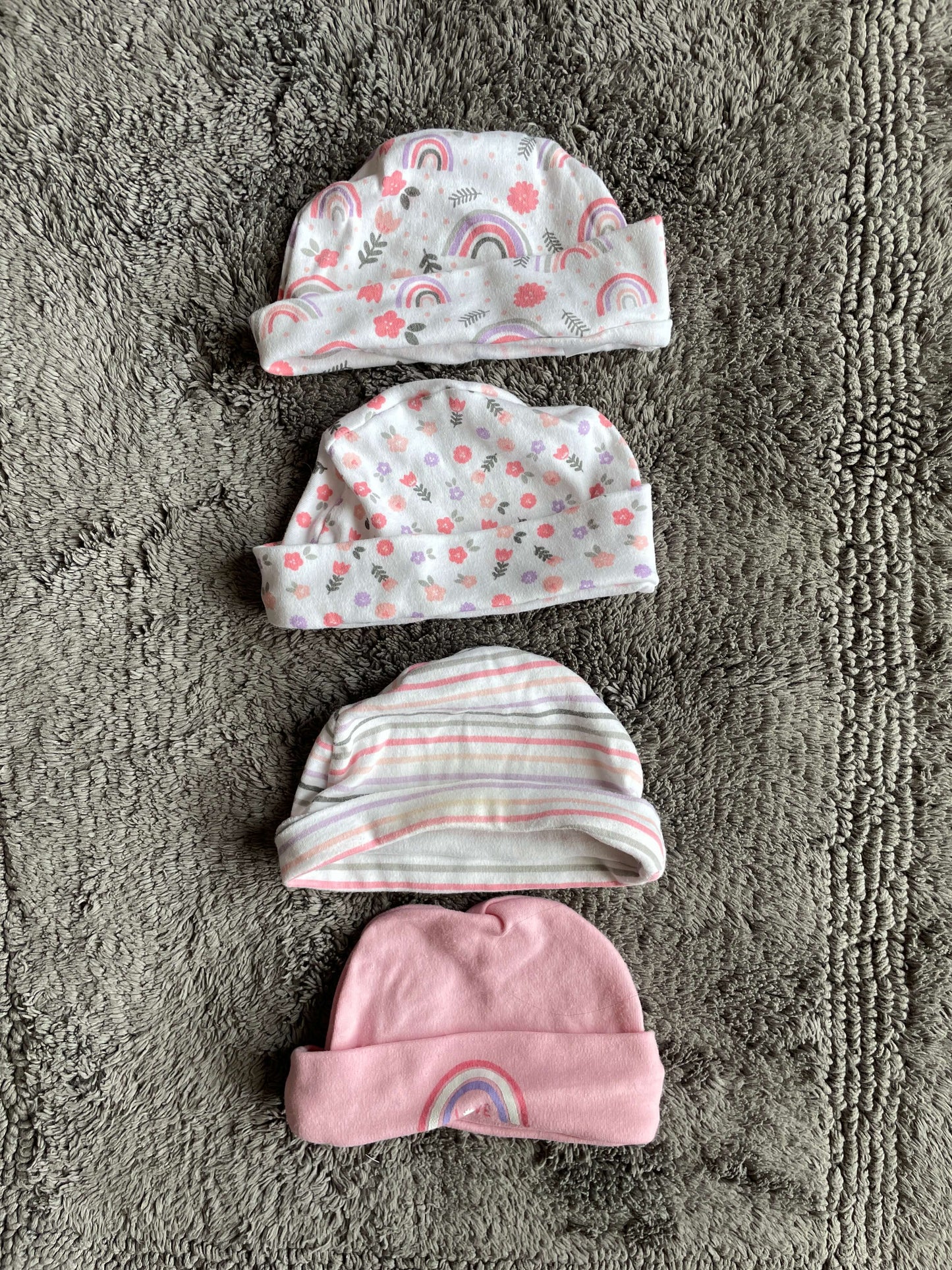 Set of 4 newborn hats- rainbows, flowers, stripes