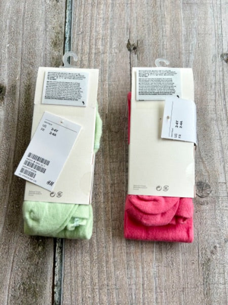 H&M size 2-4Y girls fine knit tights, 2 pairs, pink and mint green, new in package