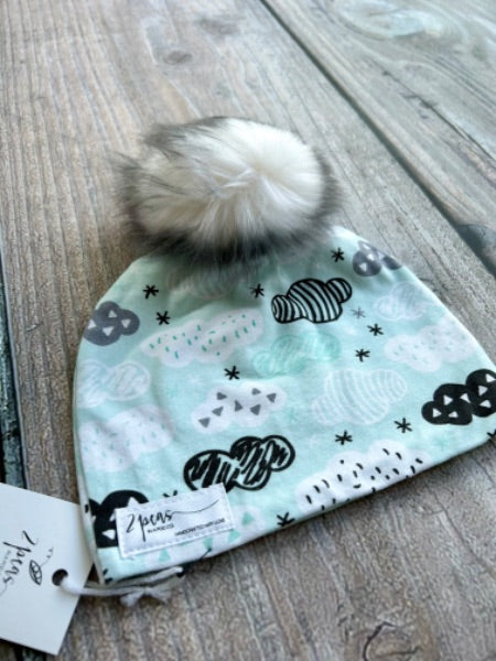 Small shop handcrafted baby size (0-12mth) pom pom hat, pom beanie, geo clouds print, new with tags