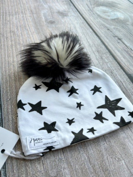 Small shop handcrafted baby size (0-12mth) pom pom hat, pom beanie, monochrome stars print, new with tags