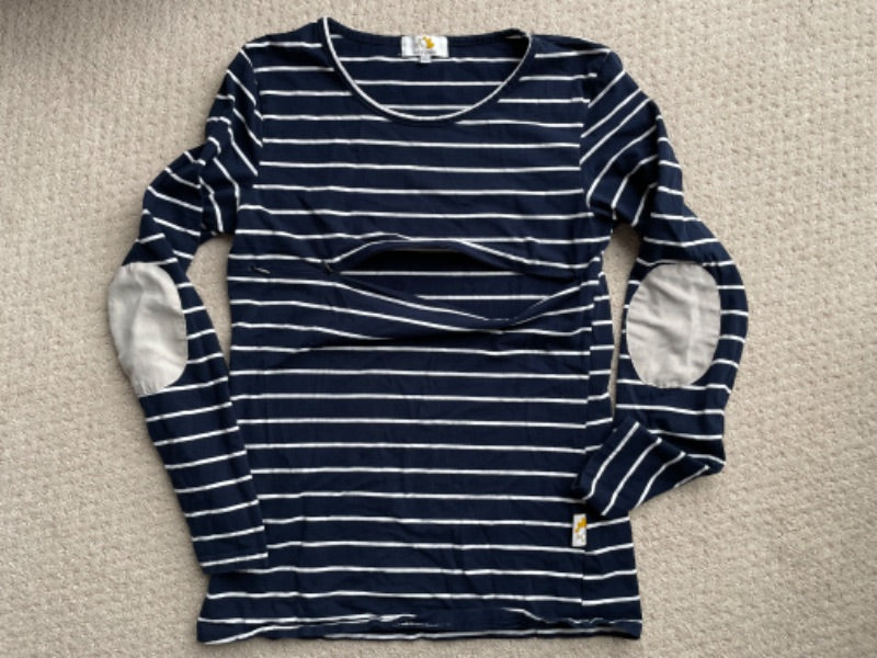 Juno Jack's - Matching Mom and Baby set - Navy and white stripe shirts with grey elbow patches, Kids 9 Month (6-9M)