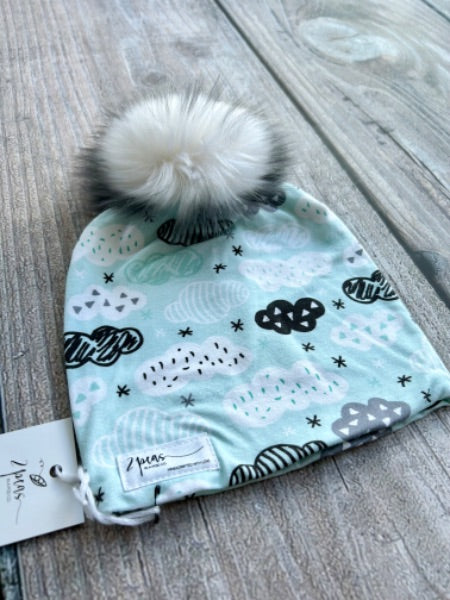 Small shop handcrafted toddler size (1-5yrs) pom pom hat, pom beanie, geo clouds print, new with tags
