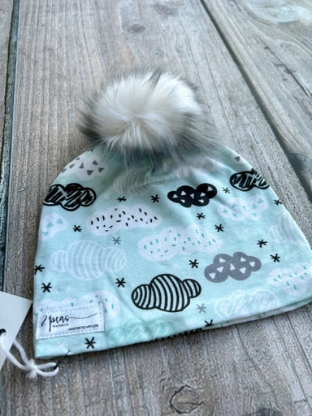 Small shop handcrafted toddler size (1-5yrs) pom pom hat, pom beanie, geo clouds print, new with tags