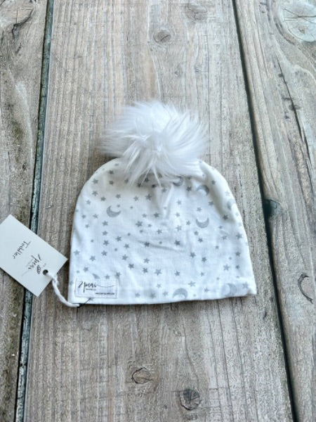 Small shop handcrafted toddler size (1-5yrs) pom pom hat, pom beanie, stars and moon print, new with tags