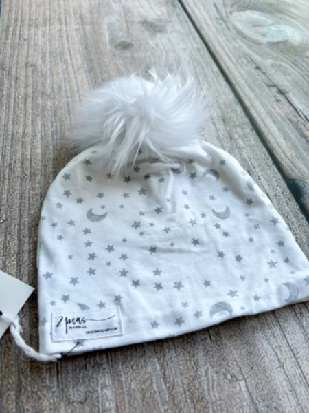 Small shop handcrafted toddler size (1-5yrs) pom pom hat, pom beanie, stars and moon print, new with tags