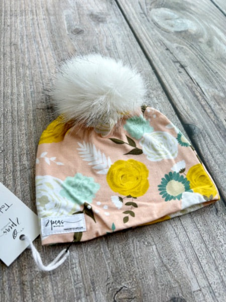 Small shop handcrafted toddler size (1-5yrs) pom pom hat, pom beanie, pink floral print, new with tags