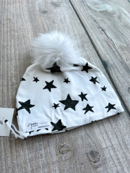 Small shop handcrafted toddler size (1-5yrs) pom pom hat, pom beanie, monochrome stars print, new with tags