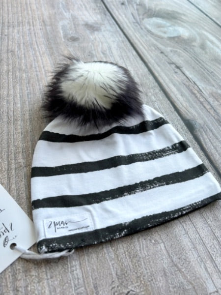 Small shop handcrafted toddler size (1-5yrs) pom pom hat, pom beanie, monochrome stripes print, new with tags