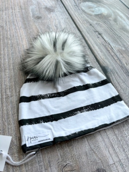Small shop handcrafted toddler size (1-5yrs) pom pom hat, pom beanie, monochrome thick stripes print, new with tags