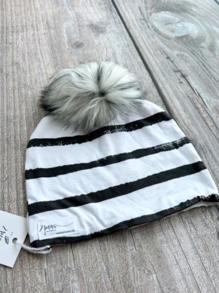 Small shop handcrafted junior/kids size (5yrs and up) pom pom hat, pom beanie, monochrome thick stripes, new with tags