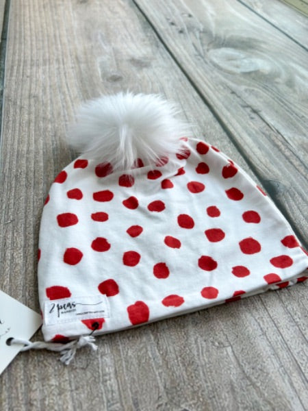 Small shop handcrafted junior/kids size (5yrs and up) pom pom hat, pom beanie, red holiday polka dots print, new with tags