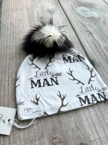 Small shop handcrafted junior/kids size (5yrs and up) pom pom hat, pom beanie, little man with antlers print, new with tags