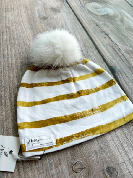 Small shop handcrafted junior/kids size (5yrs and up) pom pom hat, pom beanie, gold stripes print, new with tags