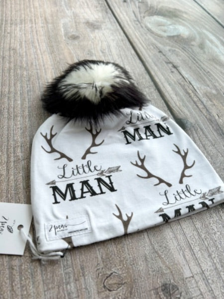 Small shop handcrafted junior/kids size (5yrs and up) pom pom hat, pom beanie, little man antlers print, new with tags