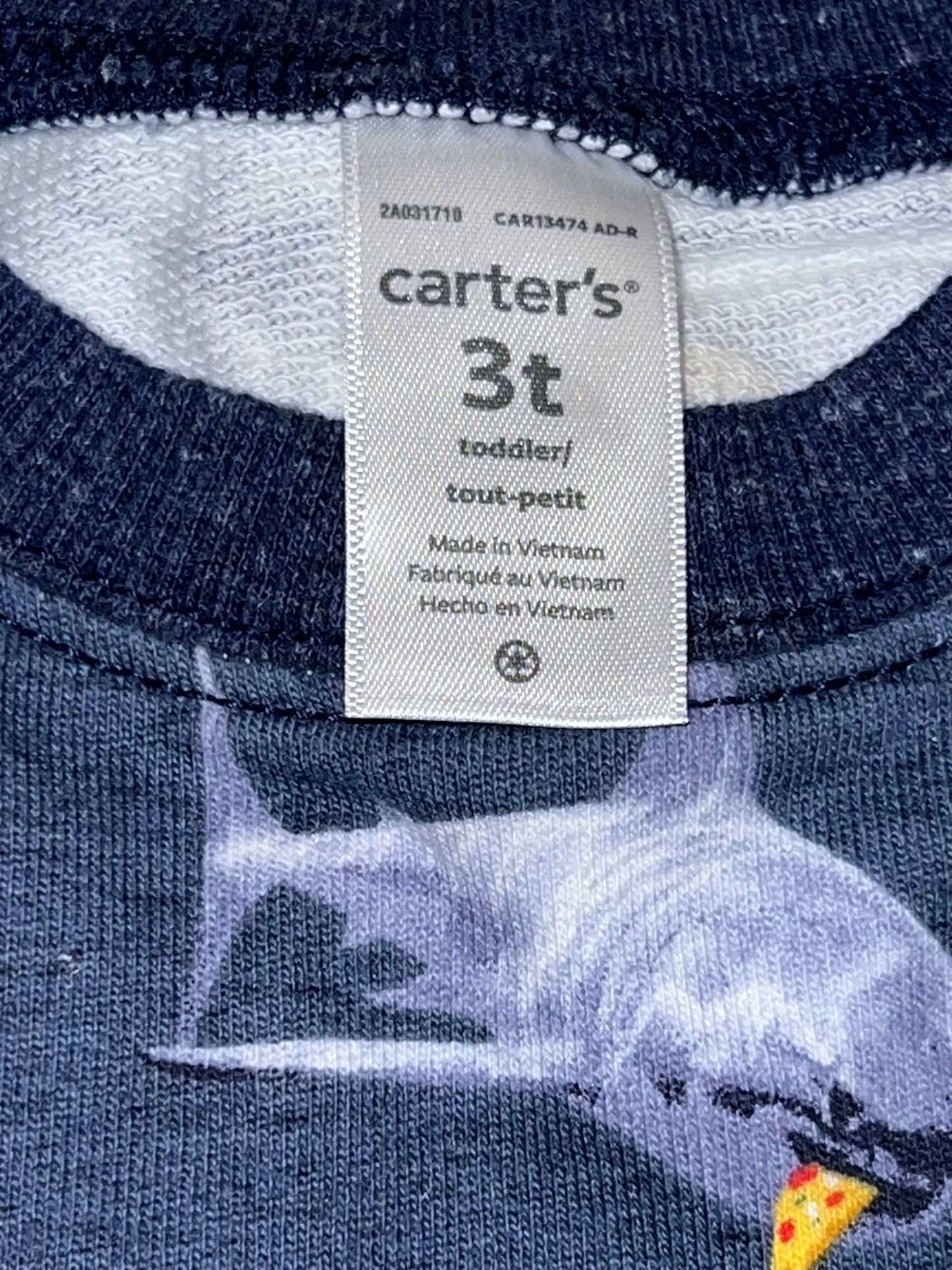 Boys Blue Crewneck Sweatshirt with Sharks eating pizza print from Carter’s, size 3T, Excellent Used Condition (EUC), Kids 3T