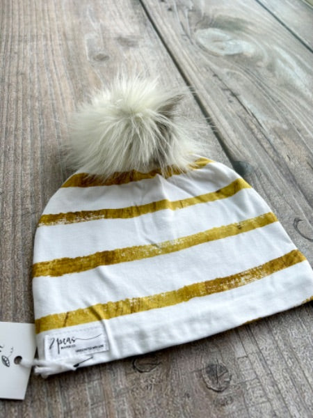 Small shop handcrafted junior/kids size (5yrs and up) pom pom hat, pom beanie, gold thick stripes print, new with tags