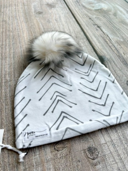 Small shop handcrafted junior/kids size (5yrs and up) pom pom hat, pom beanie, light grey arrows print, new with tags