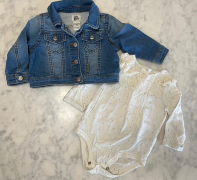 Osh'Kosh Jean Jacket with cream longsleeve Diaper shirt, Kids 12 Month (9-12M)