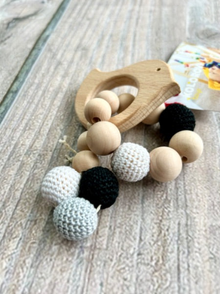 Kolorovi small shop handmade baby teething toy with baby bird, wooden ring with yarn beads, natural, grey white black, new