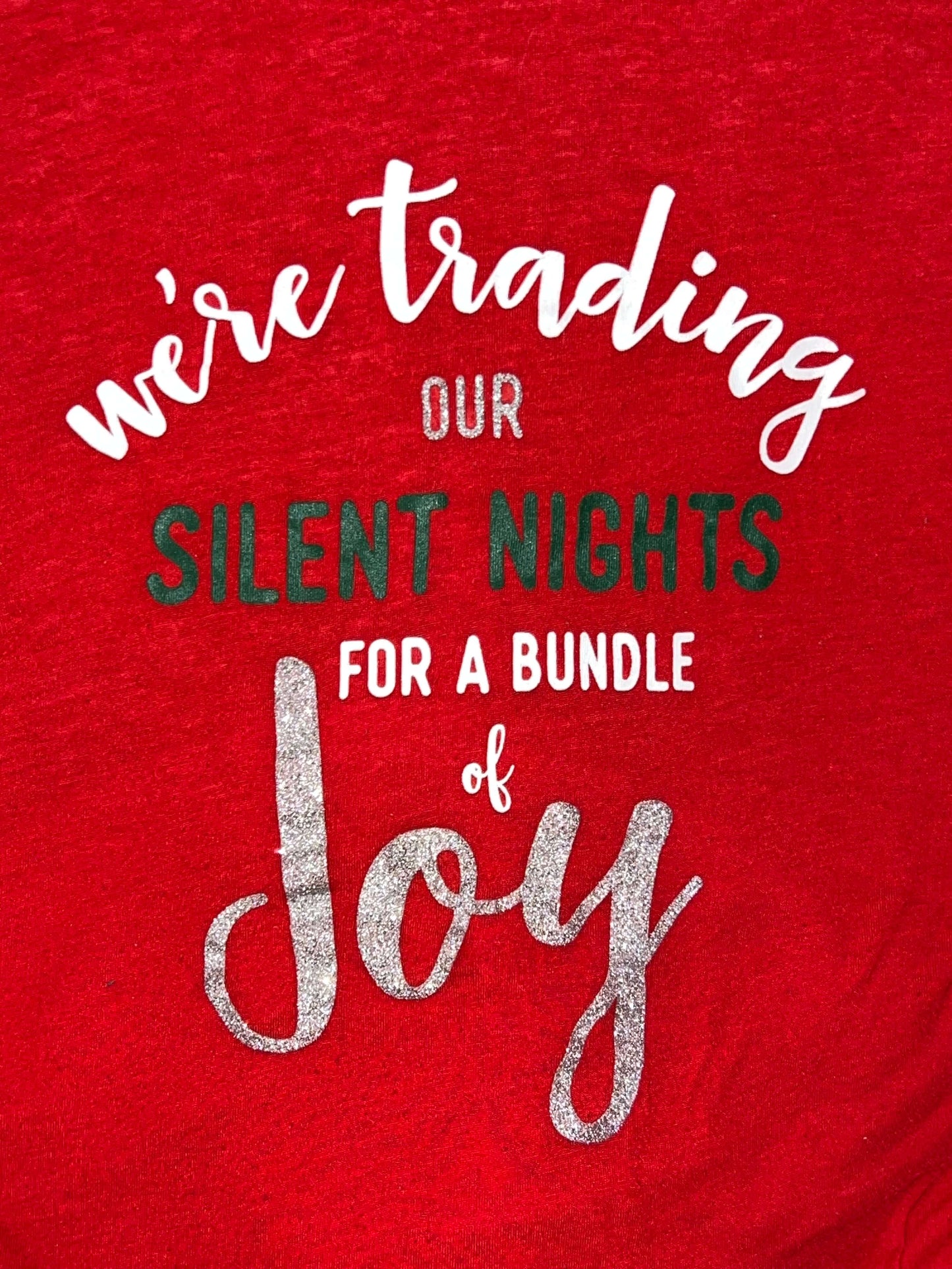 Motherhood Maternity, L/S Red Shirt “We’re Trading Our Silent Nights for a Bundle of Joy”, size Medium, VGUC, Maternity M (8-10)