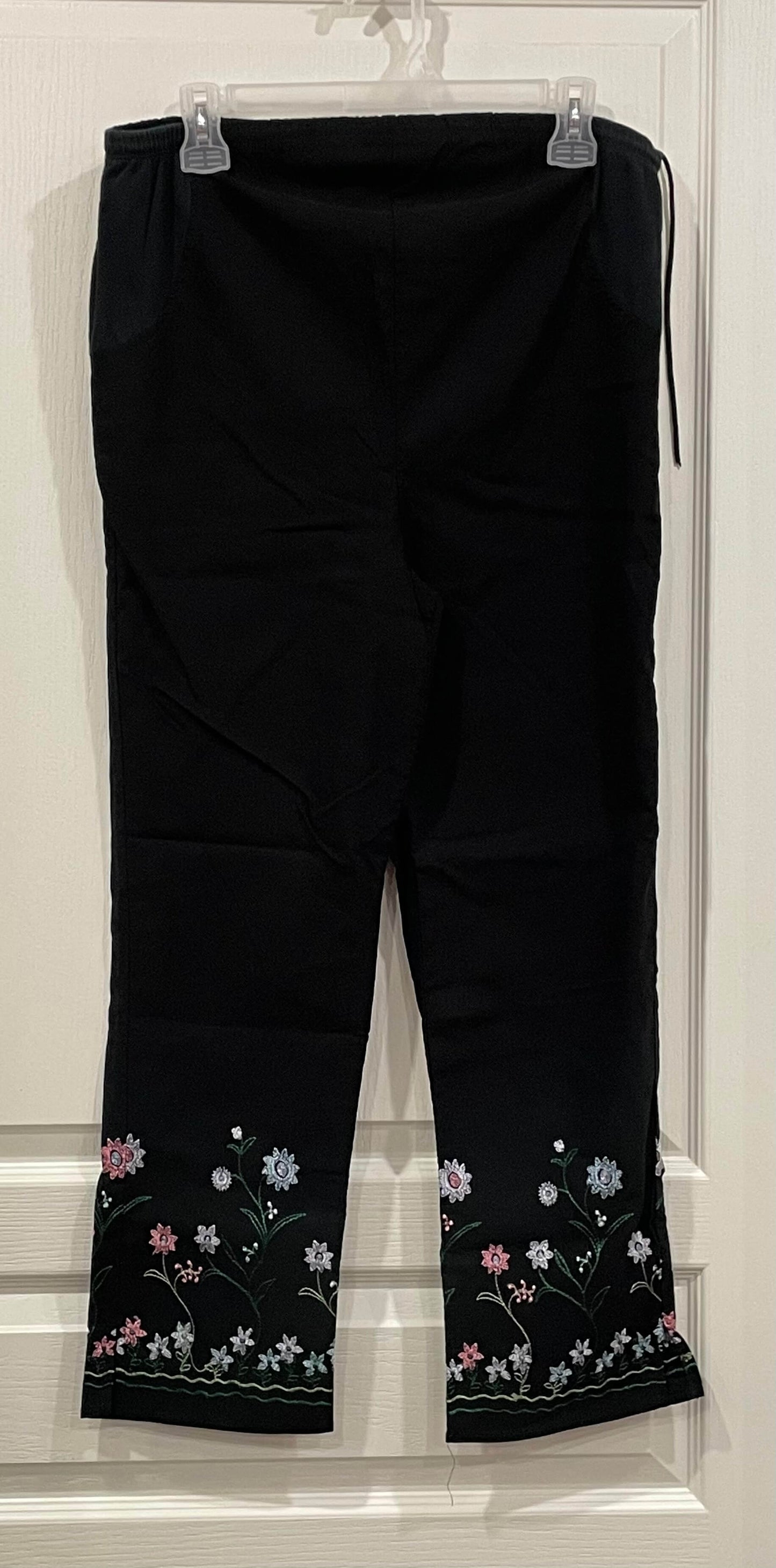 Black Maternity pants with embroidery detail on lower legs, approx size Small, Very Good Used Condition (VGUC), Maternity S (4-6)