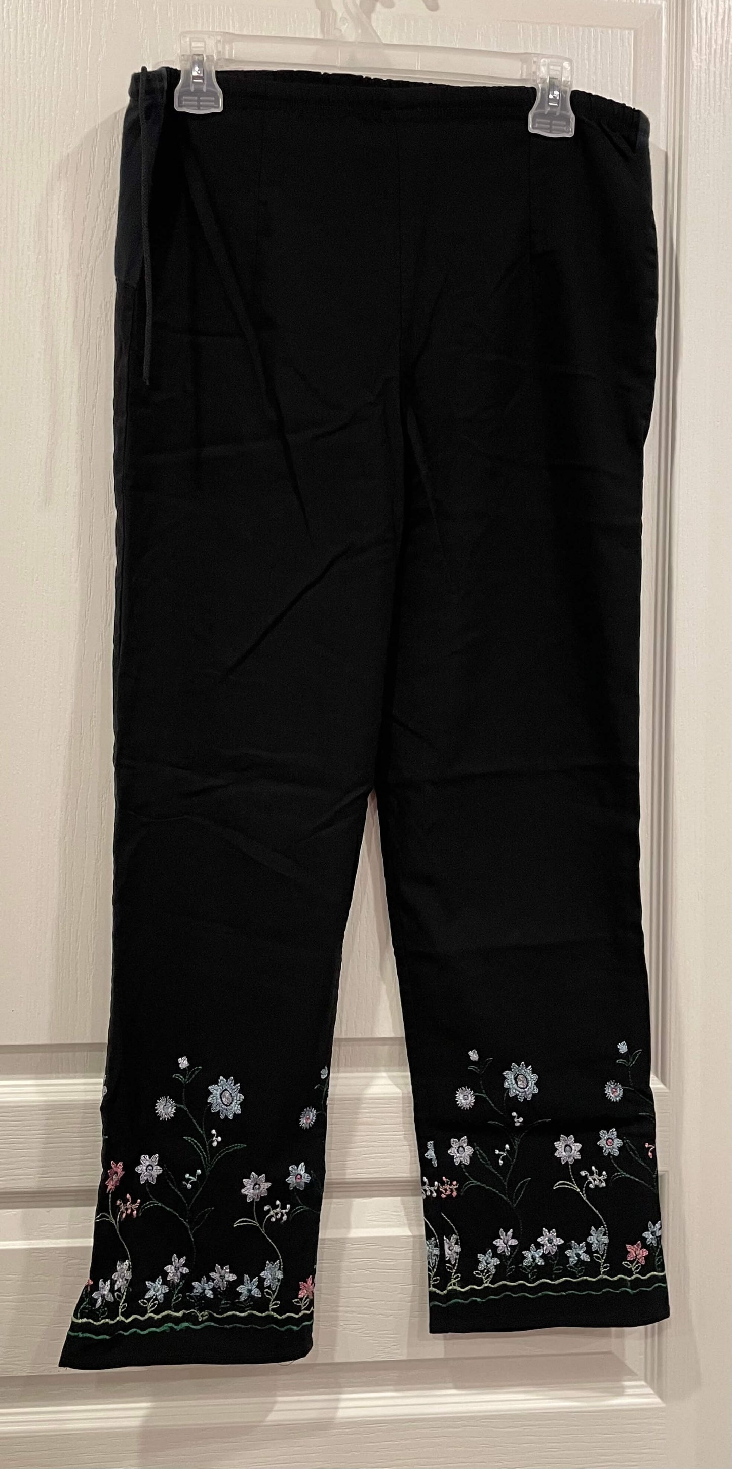 Black Maternity pants with embroidery detail on lower legs, approx size Small, Very Good Used Condition (VGUC), Maternity S (4-6)
