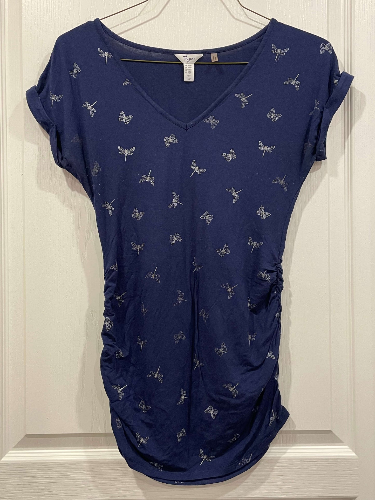 Navy Blue Maternity T-shirt with butterfly/dragonfly pattern, size X-Small, Maternity XS (0-2)