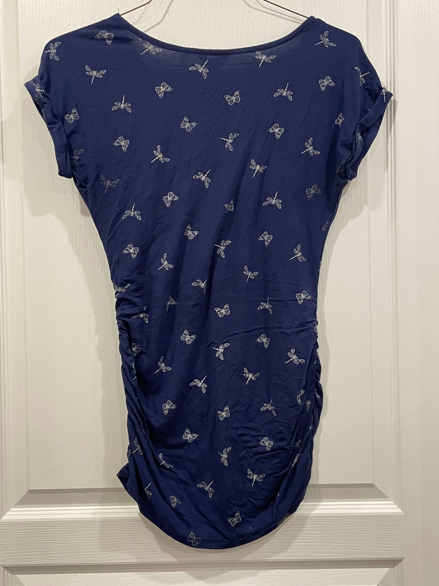 Navy Blue Maternity T-shirt with butterfly/dragonfly pattern, size X-Small, Maternity XS (0-2)